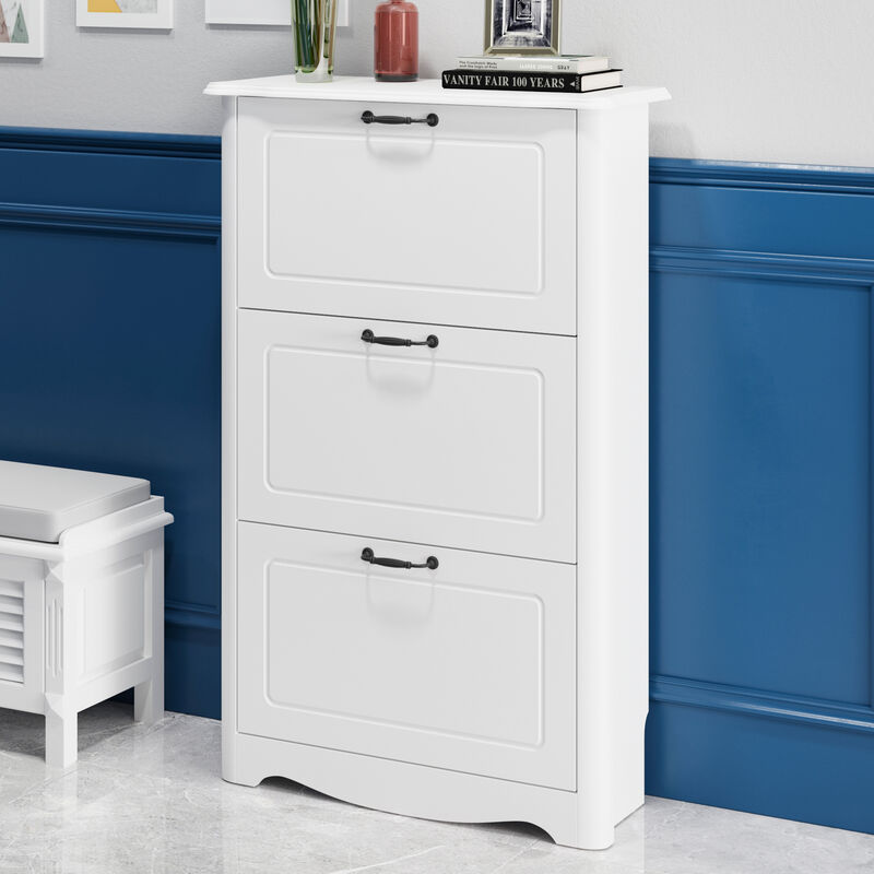 FUFU&GAGA 44" H 3-Tier White MDF Shoe Cabinet with Flip Drawers, Holds 12 Pairs ,(28.2" W x 10.4" D x 44" H),White