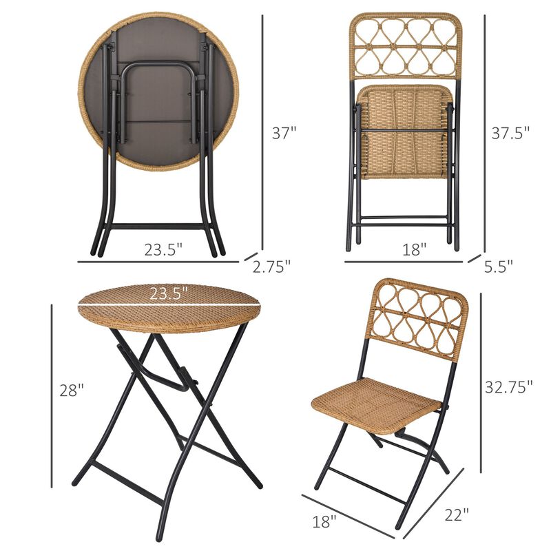 Natural Outdoor Bistro: 3PC Rattan Wicker Folding Table and Chairs