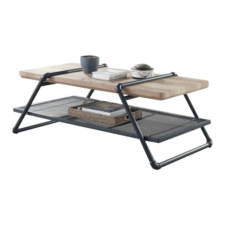 Coffee Table with Wooden Top and Mesh Shelf, Brown and Black-Benzara