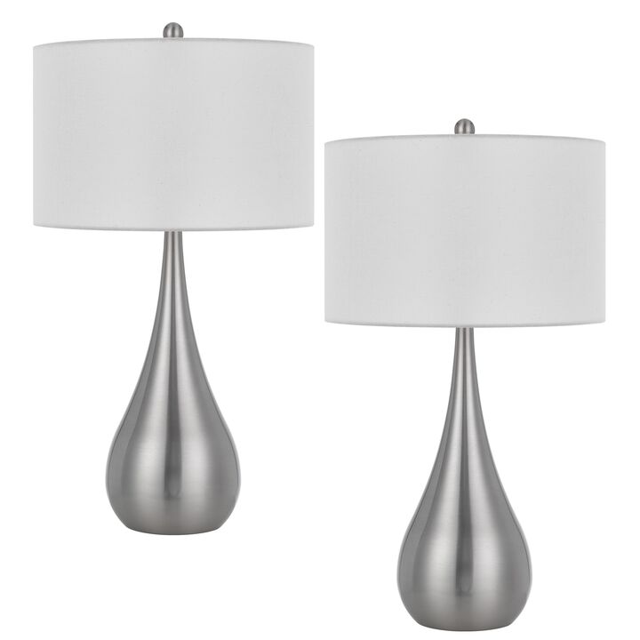 Ege Table Lamp Set of 2, Teardrop Brushed Steel Base, White Shade - Benzara