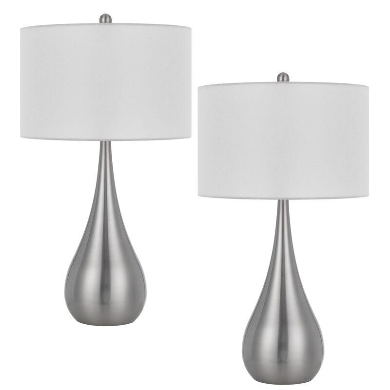 Ege Table Lamp Set of 2, Teardrop Brushed Steel Base, White Shade - Benzara