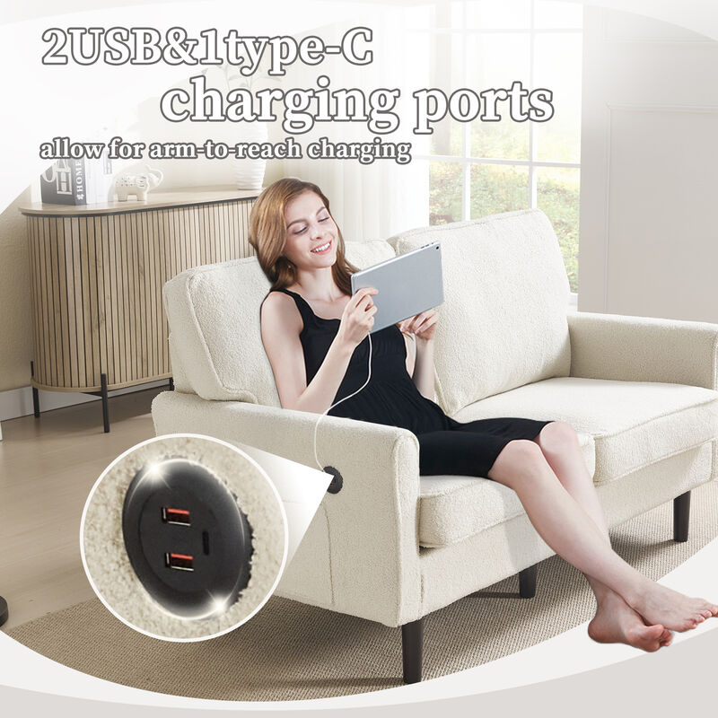 Mondawe Bouclé Loveseat Sofa, 2 Seater Small Sofa Couches with USB & Removable Pillow Cover
