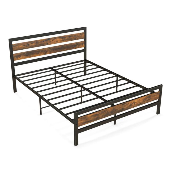 Hivvago Industrial Bed Frame with Rustic Headboard and Footboard