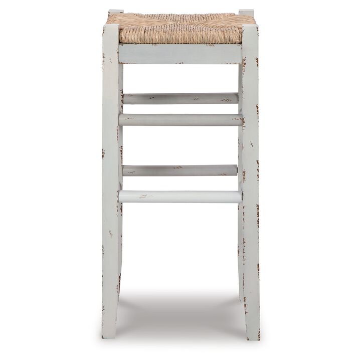 Anya Bar Height Stool Set of 2, Brown Woven Seat, 30 Inch Rustic White - Benzara