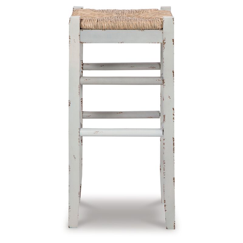 Anya Bar Height Stool Set of 2, Brown Woven Seat, 30 Inch Rustic White - Benzara