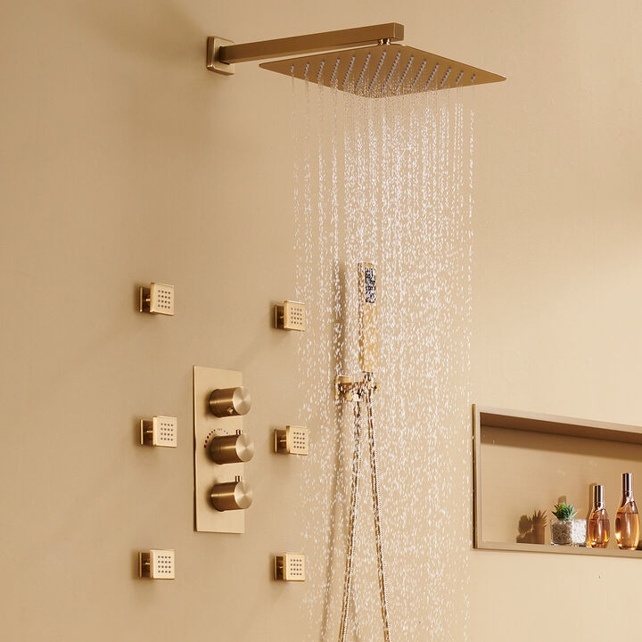 Mondawe 3 Functions Wall Mounted Thermostatic Shower System with 6 Body Jets and Rough-in Valve in Matte Black