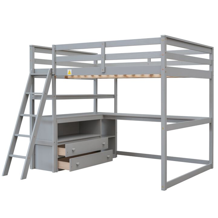 Full Size Loft Bed With Desk And Shelves, Two Built-In Drawers