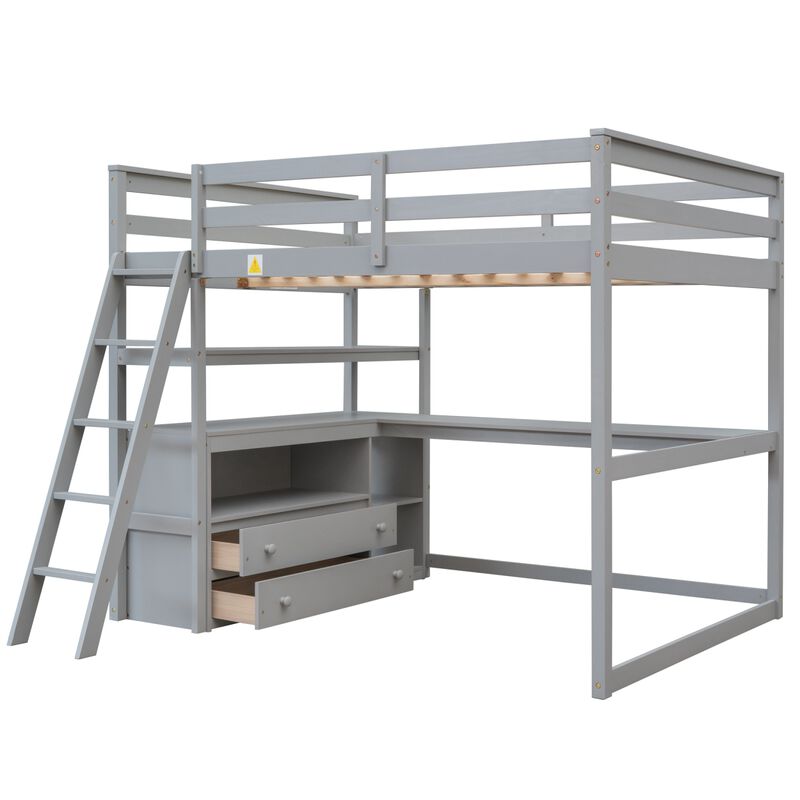 Full Size Loft Bed With Desk And Shelves, Two Built-In Drawers