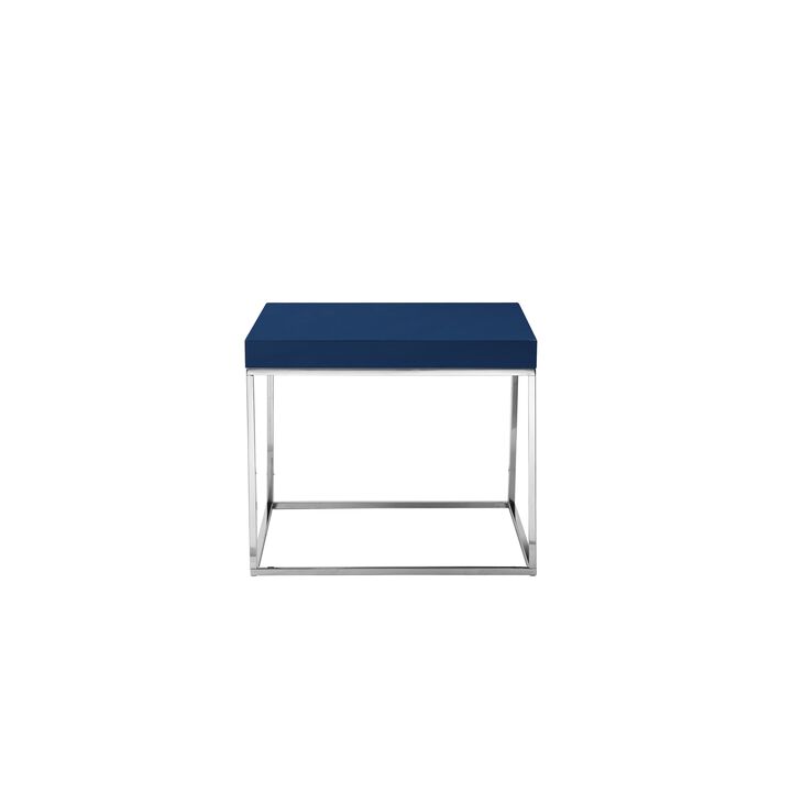 Zen 24 Inch Side End Table, Square, Polished Blue Top, Chrome Metal Finish - Benzara