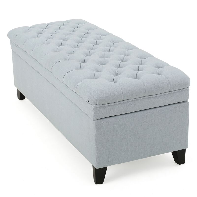 Rhya Storage Ottoman Bench, Light Blue Fabric, Black Wood, 50 Inch - Benzara