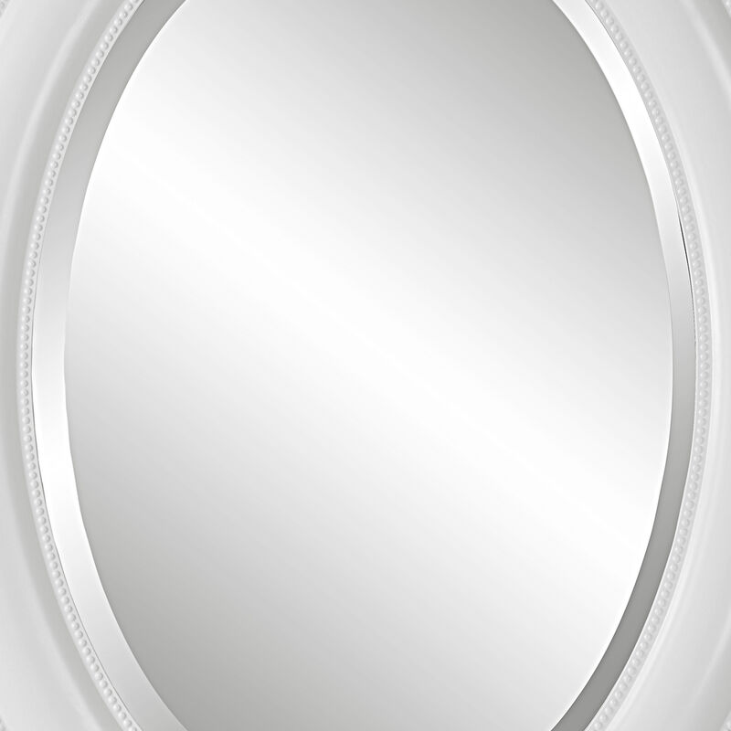 29 Inch Wood Wall Mirror, Beaded Oval Shape, White-Benzara