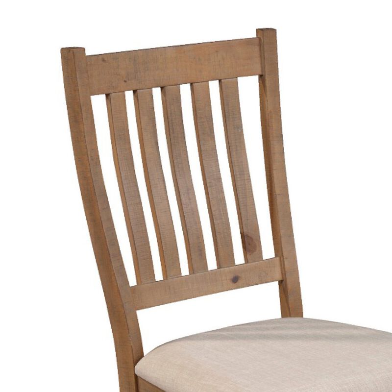 Tess 24 Inch Set of 2 Dining Side Chair, Slatted Back, Beige Cushion, Brown - Benzara