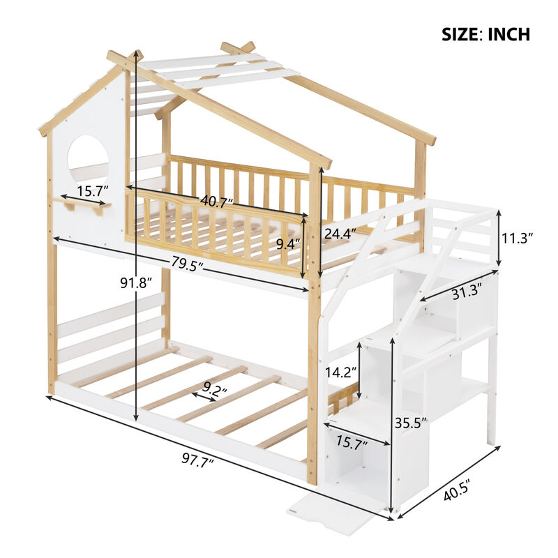 Stairway Twin-Over-Twin Bunk Bed, House Bed, Storage And Guard Rail, Natural Bed + Stair