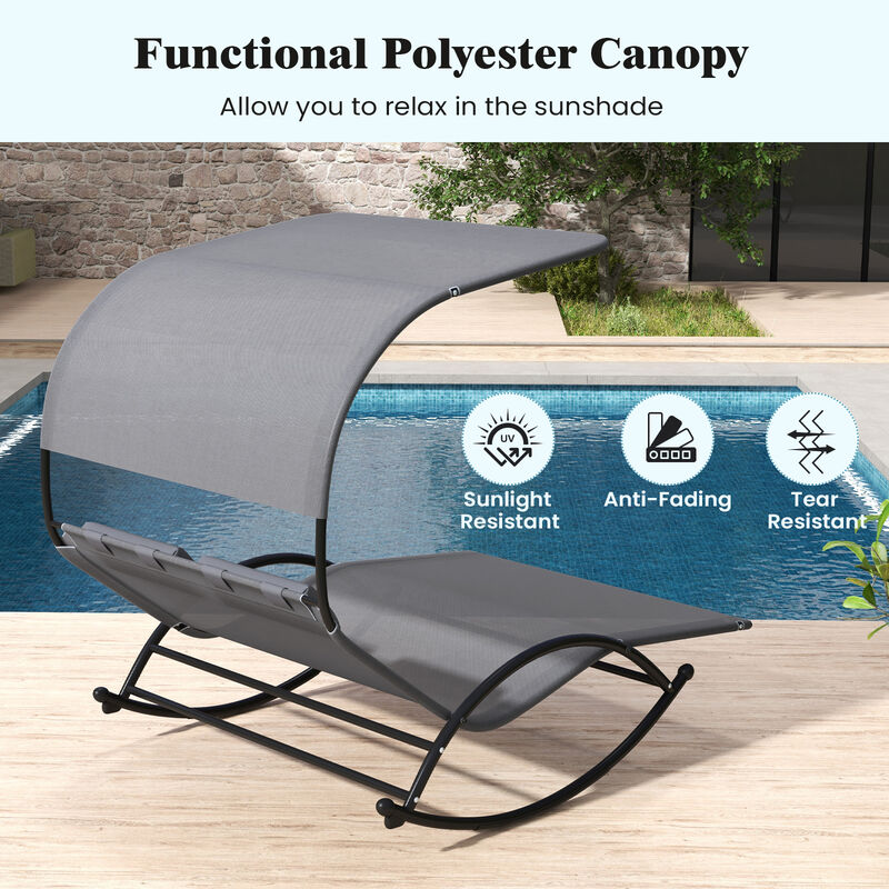 Outdoor Dual Rocker Sunbed – 2-Person Canopied Patio Lounger with Detachable Headrests