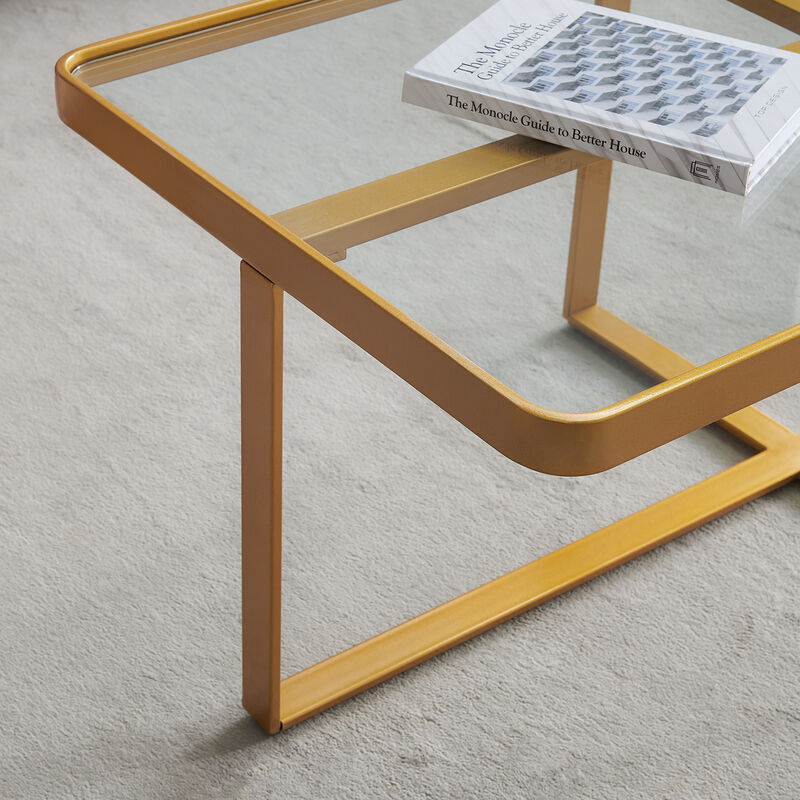 Minimalist Rectangular Coffee Table with Gold Metal Frame and Glass Top