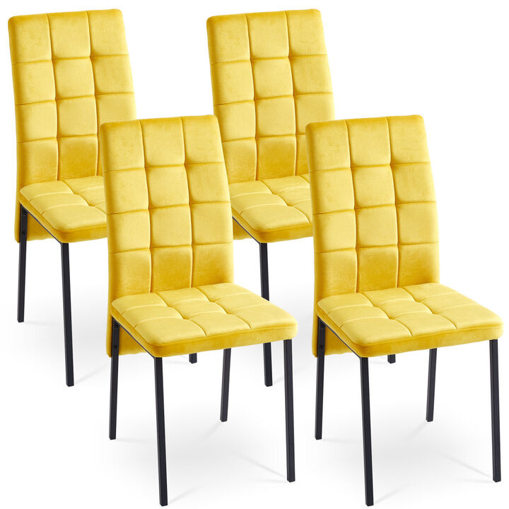 Yellow Velvet High Back Nordic Dining Chair Modern Fabric Chair With Black Legs, Set Of 4