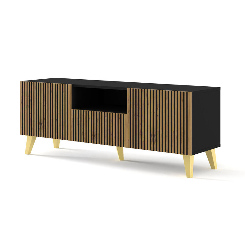 TV Stand RAVENNA F 59'' 2D1S Milled MDF Fronts Black Matt / Natural Artisan Oak