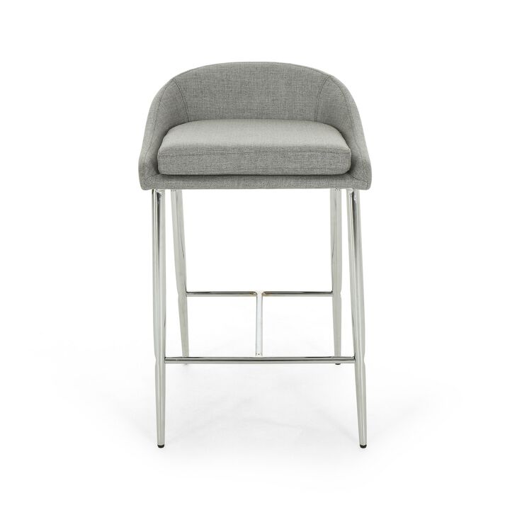 Yoko Counter Stool Chair, Curved Back, Chrome Iron Legs, Gray Fabric - Benzara