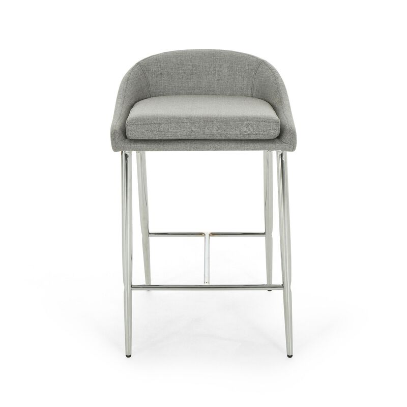 Yoko Counter Stool Chair, Curved Back, Chrome Iron Legs, Gray Fabric - Benzara