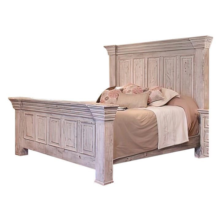 Abi Queen Size Bed, Pine Wood, Classic Molded Frame Design, Antique White - Benzara
