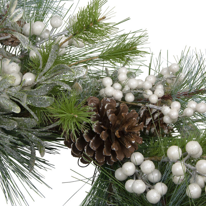Glittered White Berry and Pinecone Artificial Christmas Wreath  30-Inch  Unlit