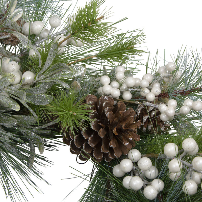 Glittered White Berry and Pinecone Artificial Christmas Wreath  30-Inch  Unlit