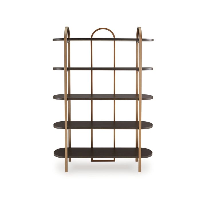 72 Inch Bookcase with 5 Ash Wood Storage Shelves, Retro Gold Frame - Benzara