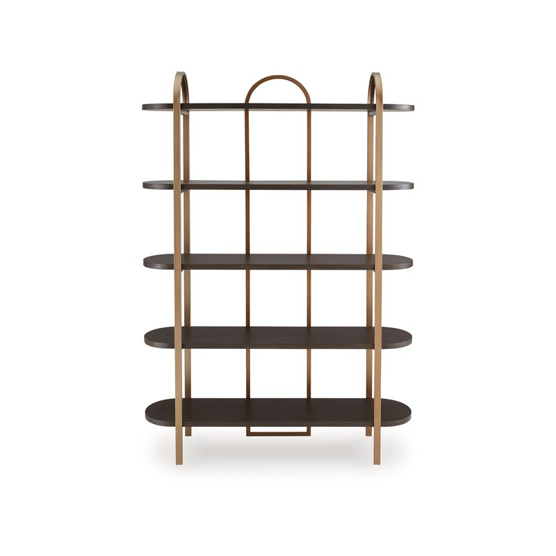 72 Inch Bookcase with 5 Ash Wood Storage Shelves, Retro Gold Frame - Benzara
