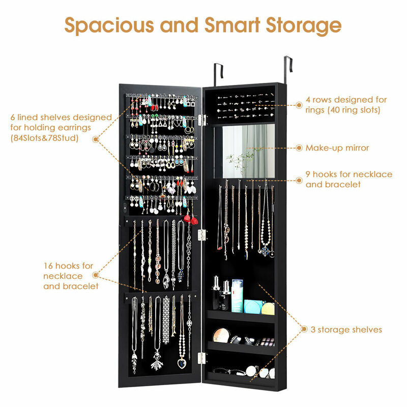 Full Length Mirror Jewelry Cabinet with Ring Slots and Necklace Hooks