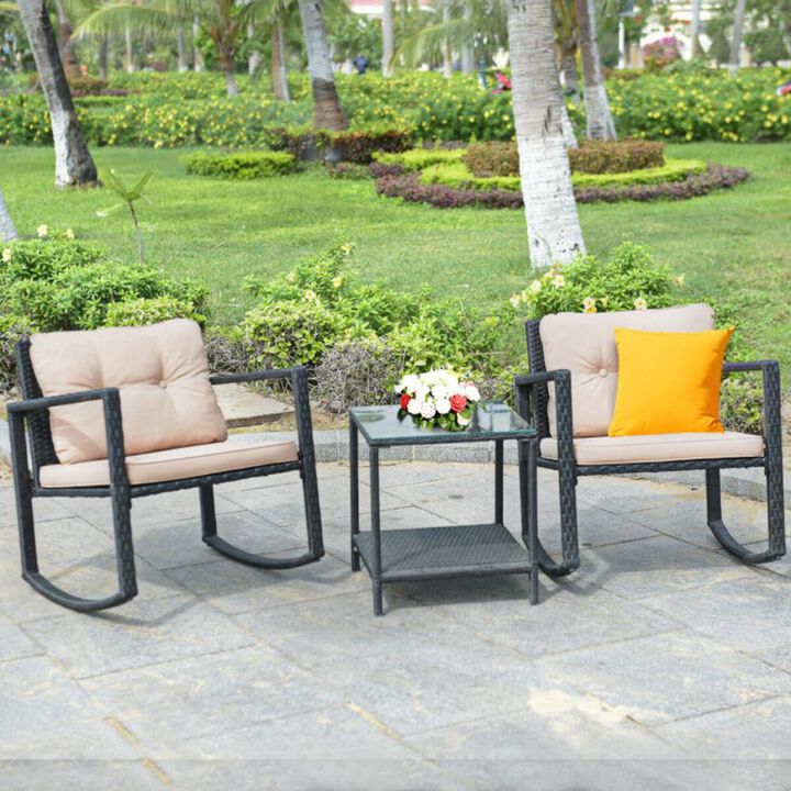 Hivvago 3 Pieces Cushioned Patio Rattan Set with Rocking Chair and Table