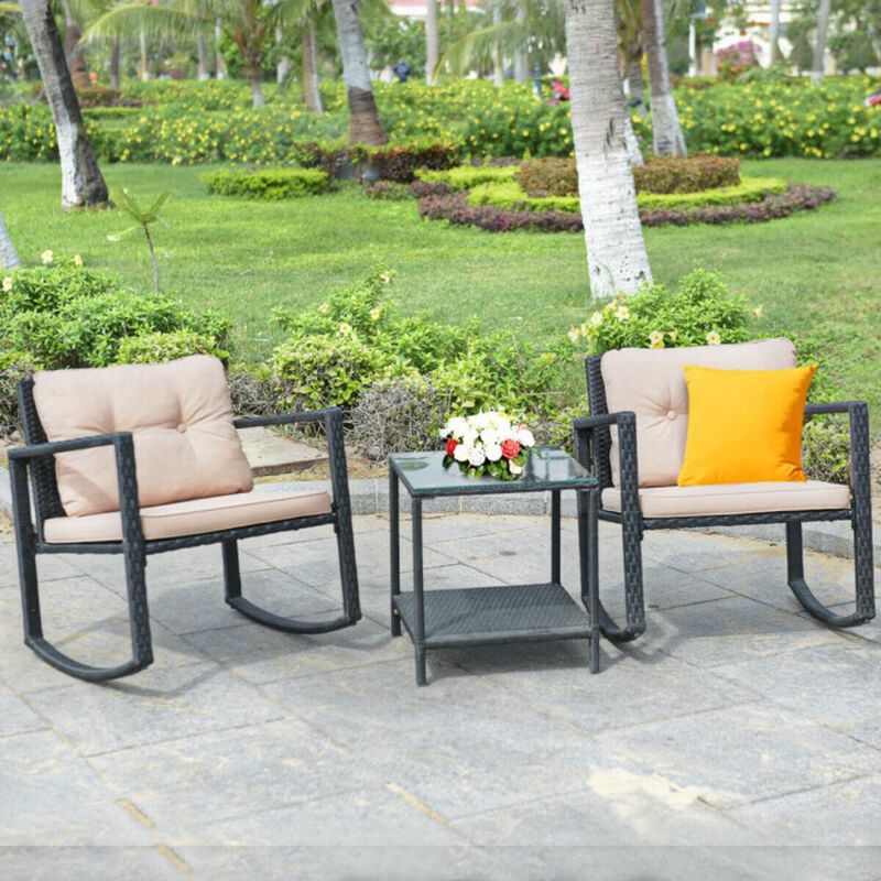Hivvago 3 Pieces Cushioned Patio Rattan Set with Rocking Chair and Table
