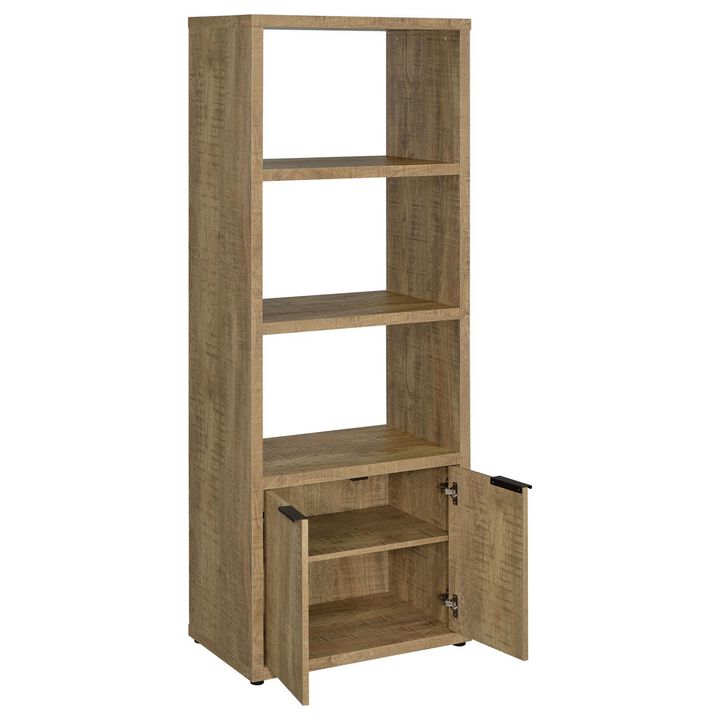 Tag 71 Inch Media Tower with 3 Shelves, 2 Doors, MDF Wood, Mango Brown - Benzara