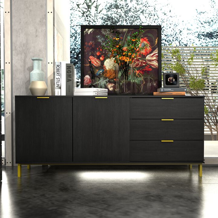 Sideboard Buffet Cabinet with 3 Drawers & 2 Doors for Kitchen, Entryway Cupboard with Gold Metal Legs, Black (62.9" L x 15.7" W x 27.5" H)