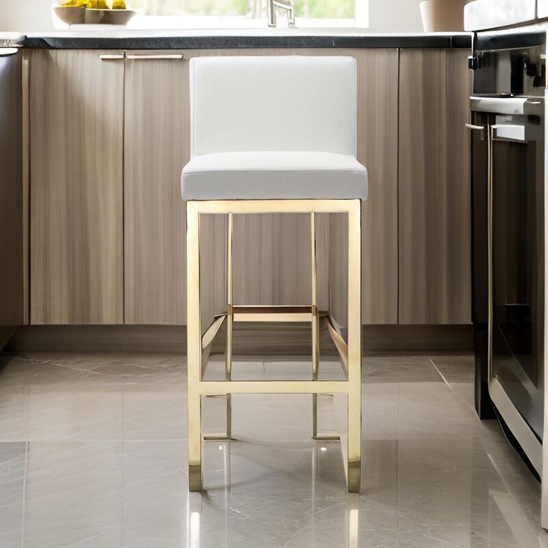 Boly 30 Inch Barstool Chair, Cushioned White Faux Leather, Gold Cantilever - Benzara