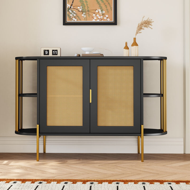 Clihome 2-Door Elegant Curved Dining Cabinet with Gold Trim and Woven Rattan Doors for Dining Room (Black)