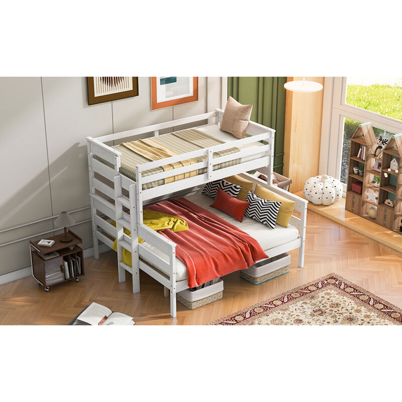 Wood Twin XL Over Queen Bunk Bed With Ladder, White