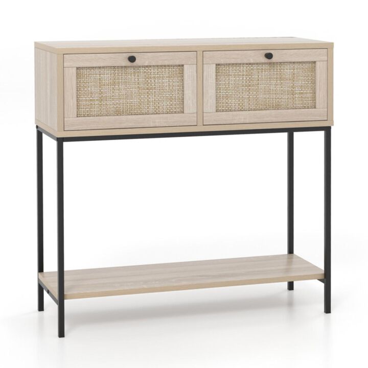 Hivvago Rattan Console Table Boho Entryway Table with 2 Rattan Drawers and Open Storage Shelf