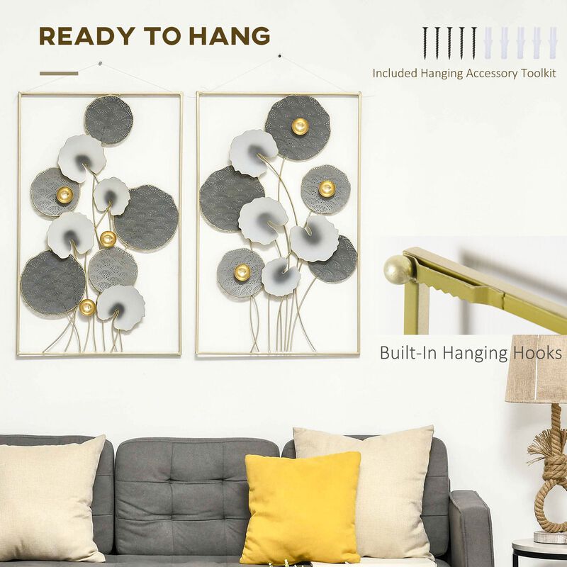 Grey/Gold Wall Art: 3D Metal Lotus Leaves Set for Room Decor