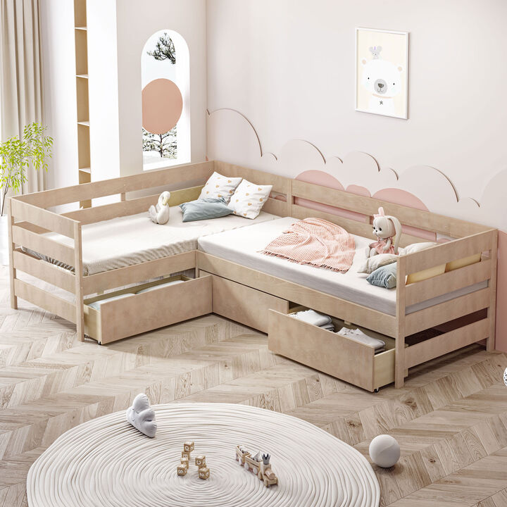 Merax L-shaped Platform Bed with 3 Storage Drawers