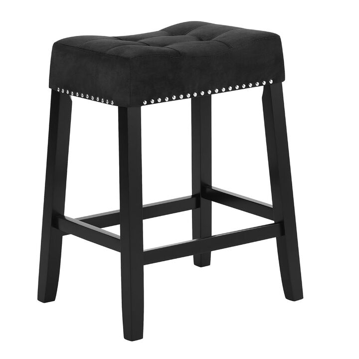 Jordan 26 Inch Counter Height Stool, Set of 2, Saddle Seat, Black Leather and Wood- Benzara