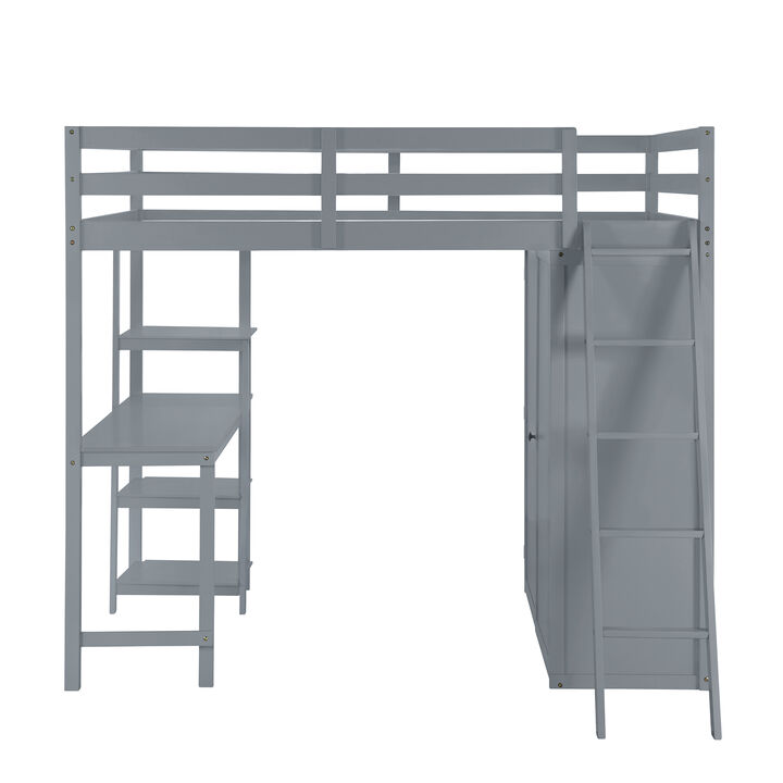 Merax Loft Bed with Wardrobe and Desk and Shelves