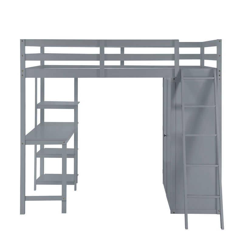 Merax Loft Bed with Wardrobe and Desk and Shelves