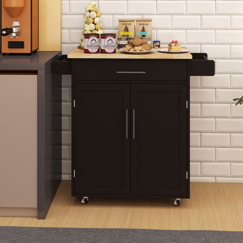 Black Wood 38.18 in. Kitchen Island with Adjustable Shelves and Towel Rack