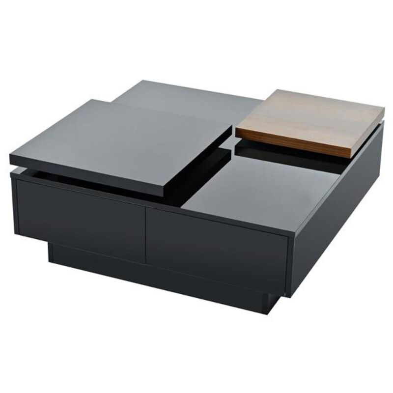 Movable Top Coffee Table with High-Gloss Finish and 4 Hidden Drawers Modern Living Room Storage Table