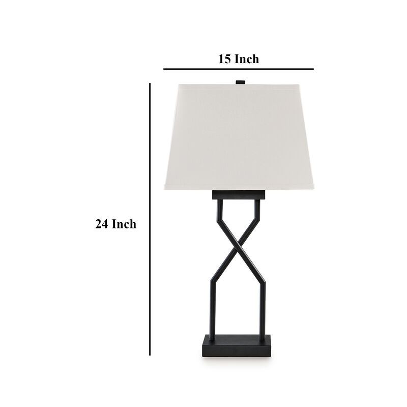 Table Lamp Set of 2, Empire Fabric Shade, Black Geometric Base w USB - Benzara