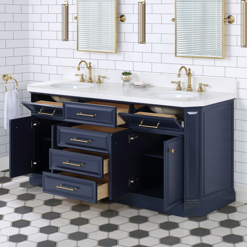 Palace 72 In. Double Sink Carrara Quartz Countertop Bath Vanity in Monarch Blue with Satin Gold Hardware