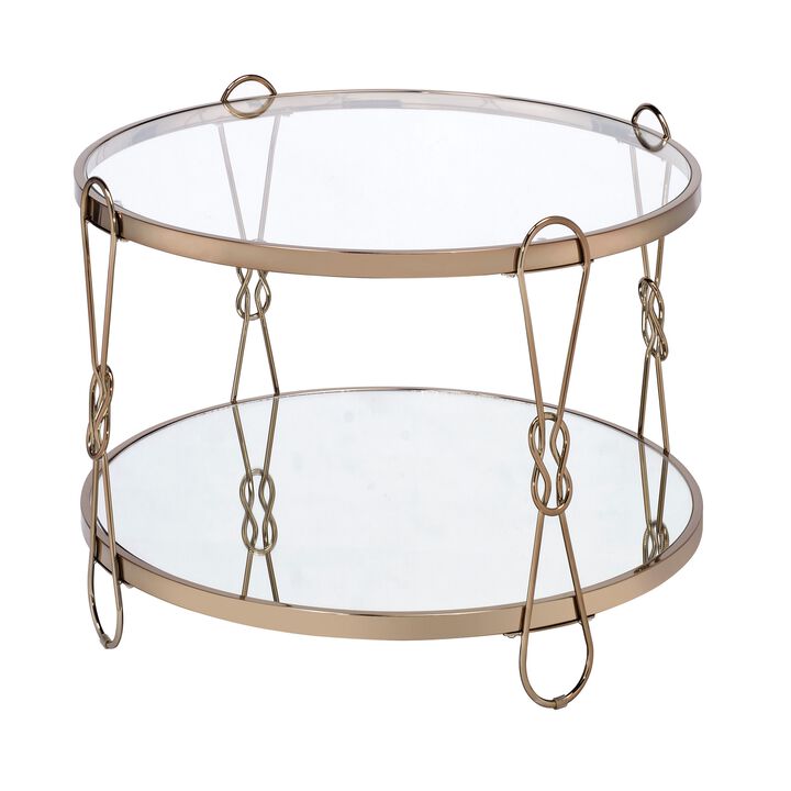 Metal Coffee Table with Glass Top and 1 Bottom Shelf,Gold and Clear-Benzara