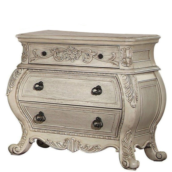 Three Drawer Wooden Nightstand With Scrolled Feet, Antique White-Benzara