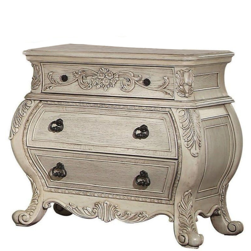 Three Drawer Wooden Nightstand With Scrolled Feet, Antique White-Benzara