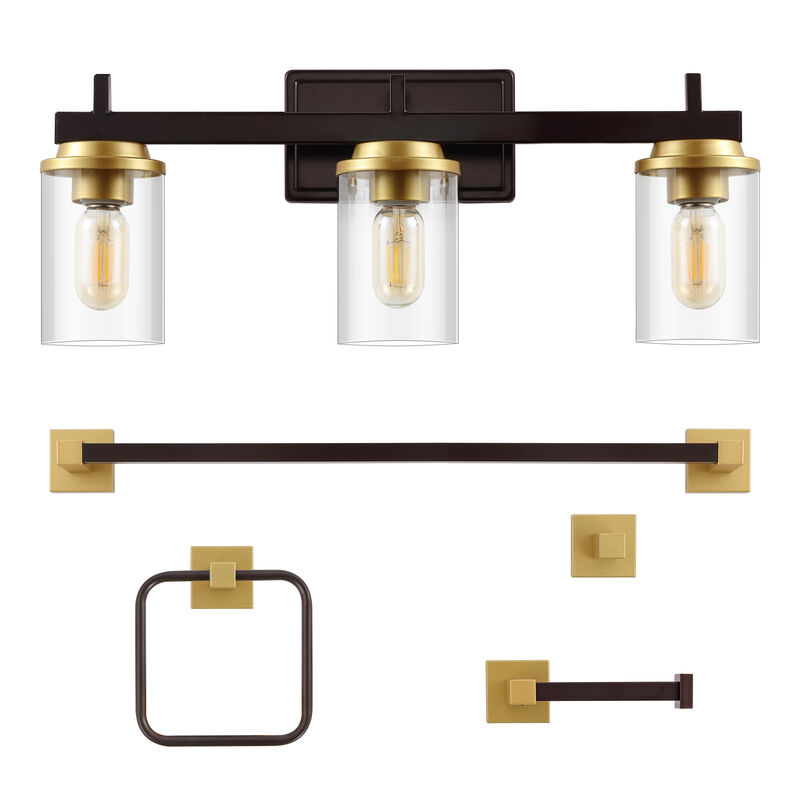 Liam 23.25" 3-Light Farmhouse Industrial Vanity Light with Bathroom Hardware Accessory 5-Piece Set